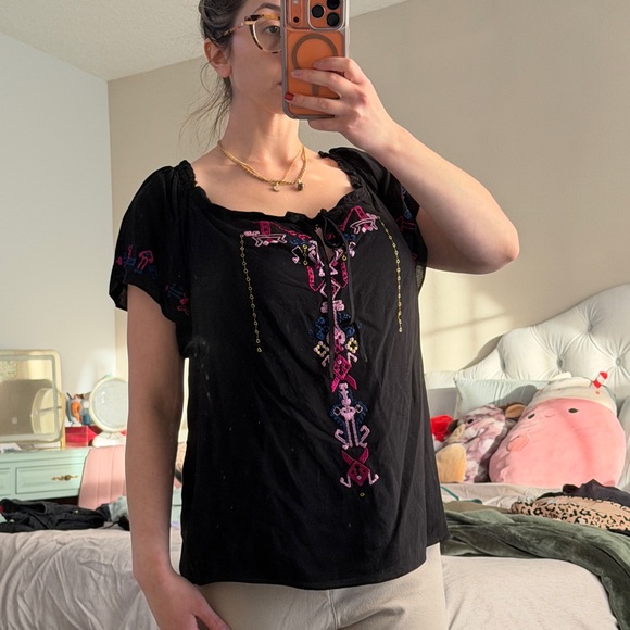 Parker Tops - Parker Black Blouse with Pink Embroidery